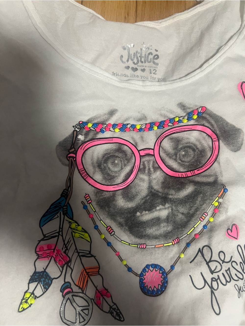 Justice Girls' White 'Be Yourself' Fringe Graphic Tee sz 12 - Picture 2 of 3